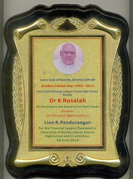 Certificate of appreciation presented to R. Pandurangan by the Lions Club of Guindy