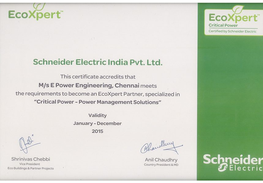 Schneider Electric EcoXpert certificate issued to E Power Engineering in 2015