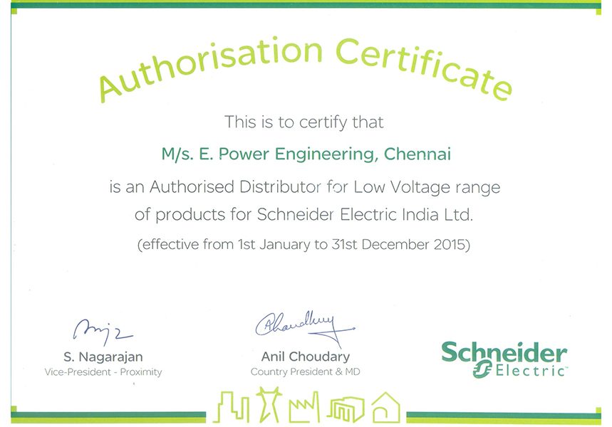 Schneider Electric authorised distributor certificate issued in 2015