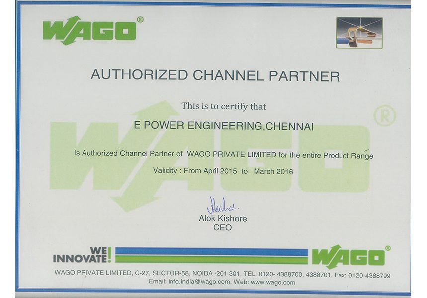 WAGO authorised channel partner certificate for 2015 to 2016