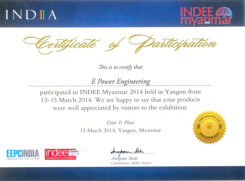 INDEE Myanmar 2014 participation certificate for E Power Engineering
