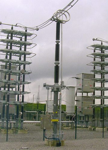 Outdoor switchyard equipment with lattice steel structures and insulators